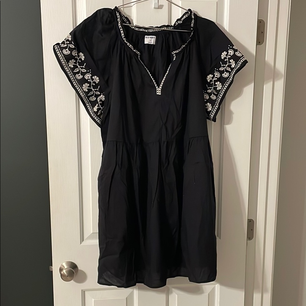 Old Navy Black Mini Dress with White Embroidery